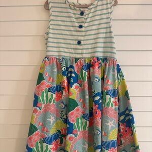 Mini Boden White & Blue Striped Top with Multicolor Ocean-Print Skirt Dress